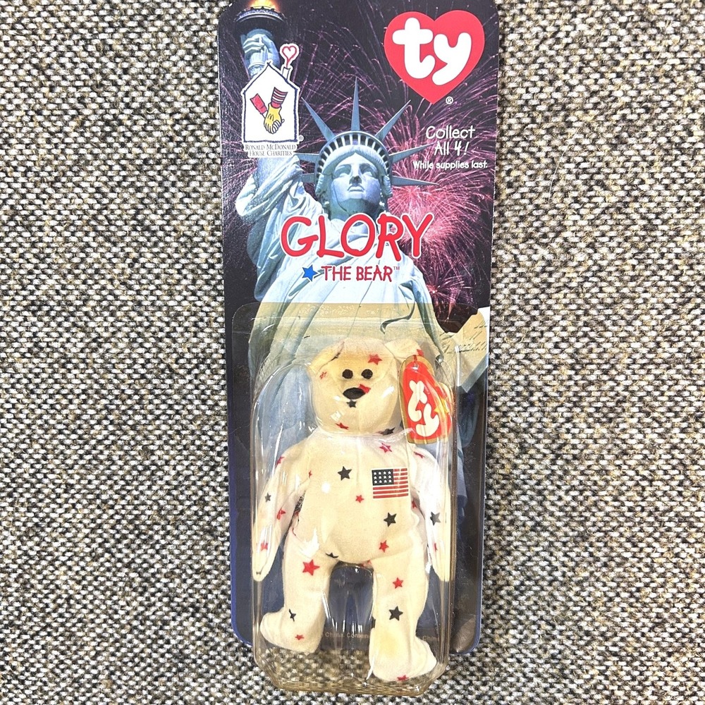 Ty Glory The Bear McDonald's Beanie Baby White NIP Patriotic‎ Flag Stars